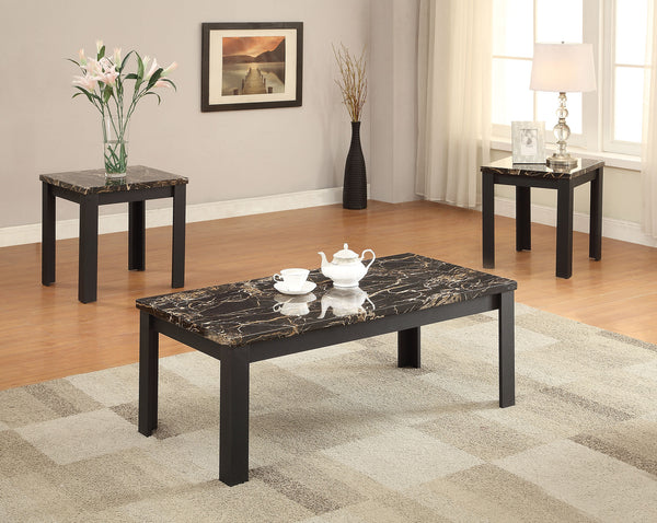 3Pc Pack Coffee/End Table Set, Faux Marble & Black - Veneer Faux Marble & Black