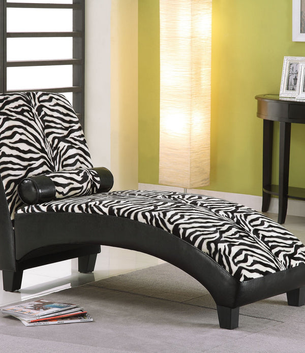 Lounge Chaise with Pillow, Zebra Fabric & Black PU - Black Bycast PU, Fabric,  Zebra Fabric & Black PU