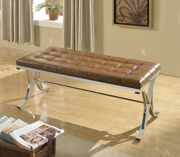 Bench, Brown Pu & Chrome - Pu, Fr Foam, Metal Brown Pu & Chrome