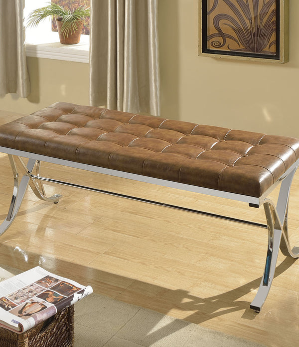 Bench, Brown Pu & Chrome - Pu, Fr Foam, Metal Brown Pu & Chrome