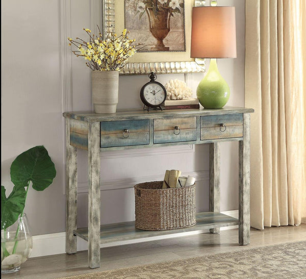 42' X 16' X 32' Antique White And Teal Wooden Console Table