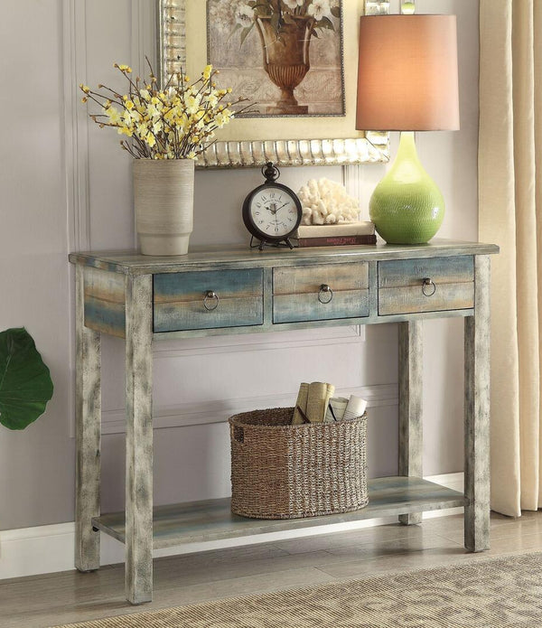 42' X 16' X 32' Antique White And Teal Wooden Console Table