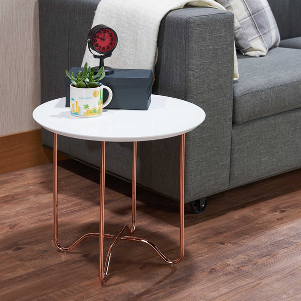 Round White Side Table with Rose Gold Iron Legs