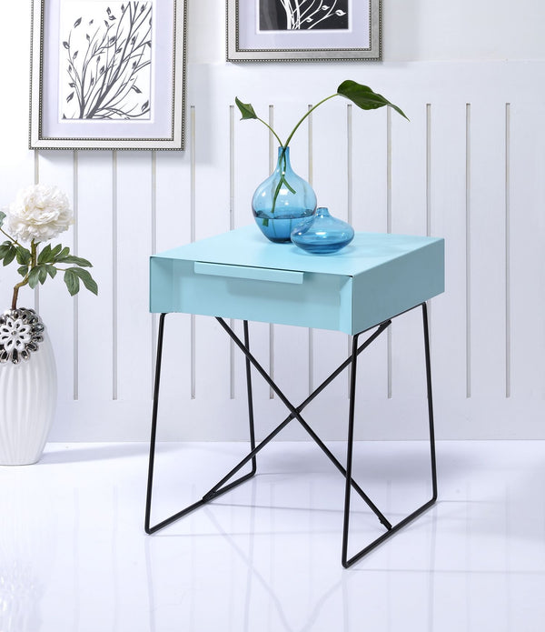 Light Blue Modern Metal End Table with Drawer