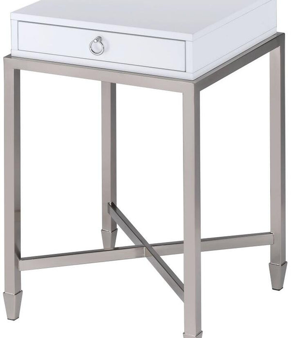 White and Chrome End Table with Ring Pull Drawer