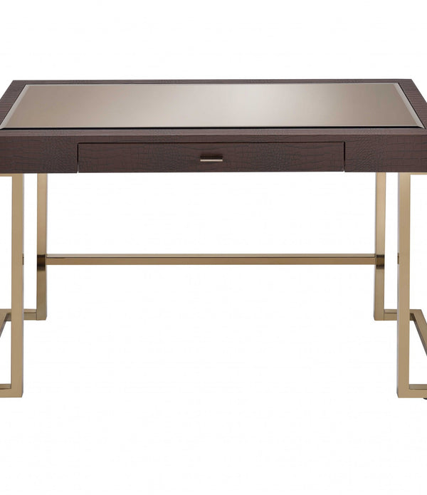 Brown Faux Leather and Light Gold Mirror Desk