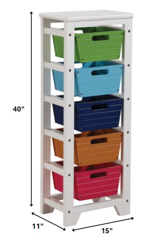 Storage Rack with 5 Baskets, Green, Blue, Dark Blue, Brown & Red - Pine Wood (Green, Blue, Dark Blue, Brown & Red)