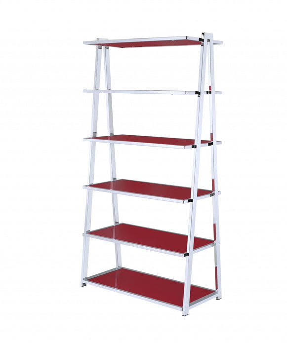 36' X 16' X 71' Red High Gloss And Chrome Bookcase