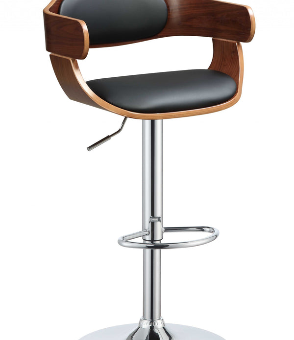 34' Sleek Walnut Finish Black Faux Leather Adjustable Swivel Bar Stool with Chrome Base