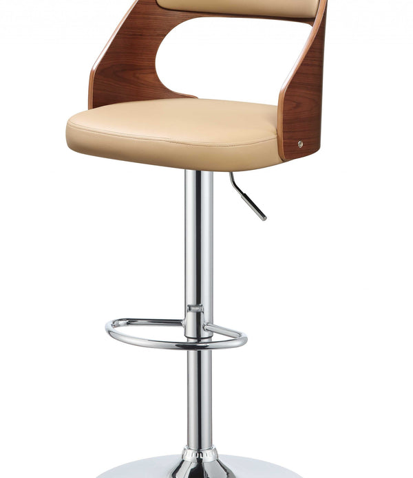 33' Sleek Walnut and Tan Faux Leather Adjustable Swivel Bar Stool