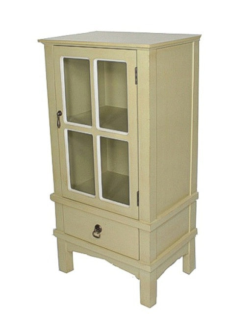 18" X 13" X 36" Beige MDF  Wood  Clear Glass Accent Cabinet with a Door and Drawer and Paned Inserts