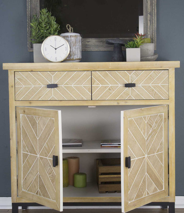 White Washed Parquet Wood  Sideboard with  Wood Drawers and  Wood Doors