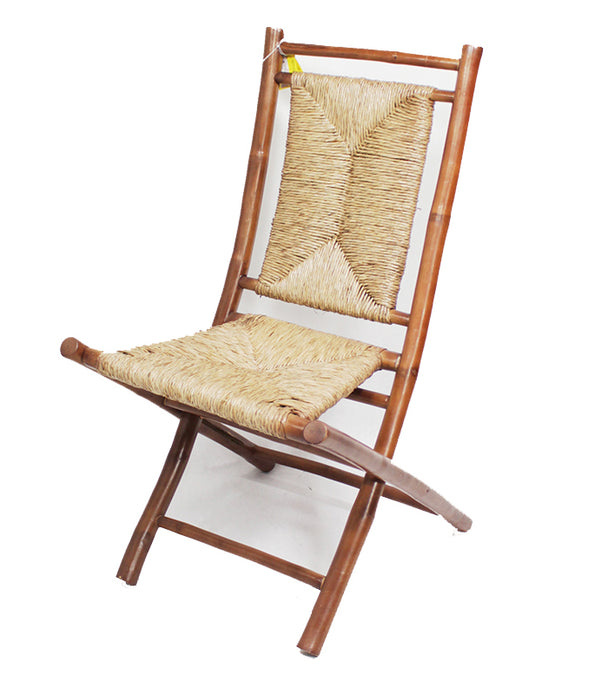 Set of 2 Brown and Natural Bamboo Folding Dining Chairs with Seagrass Triangle Weave