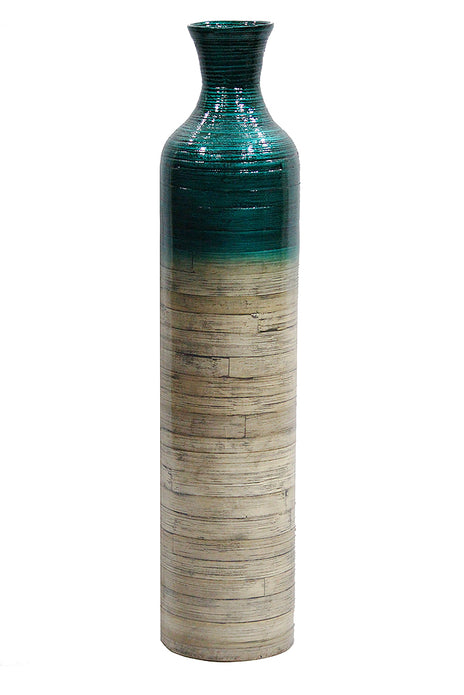 7" X 7" X 32" Metallic Teal & Natural Bamboo Bamboo Spun Bamboo Bottle Vase