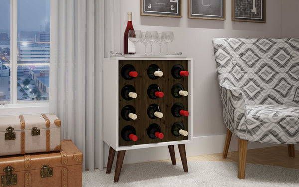 White Wine Cabinet for 12 Bottles with Wood Legs and a Brown Display