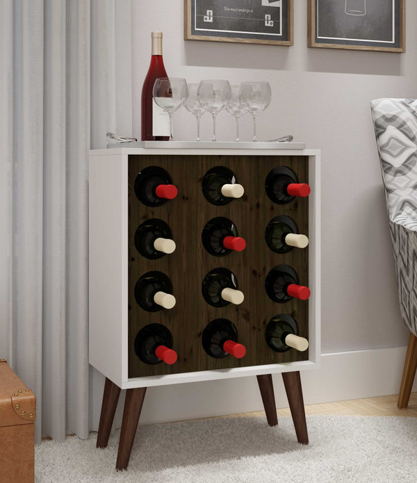 White Wine Cabinet for 12 Bottles with Wood Legs and a Brown Display