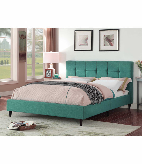 Queen Blue Modern Upholstered Square Stitched Platform Bed