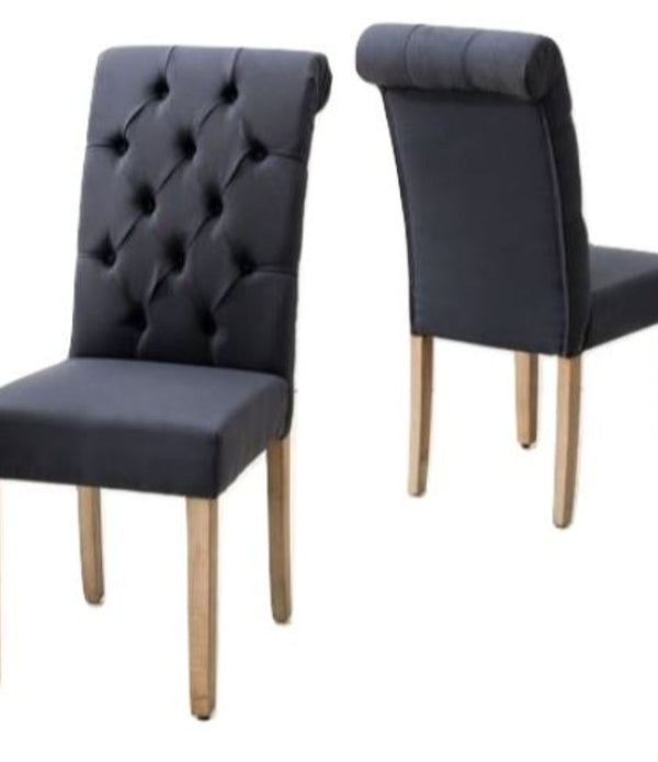 Blue Roll Top Tufted Linen Fabric Modern Dining Chair in a Set of 2