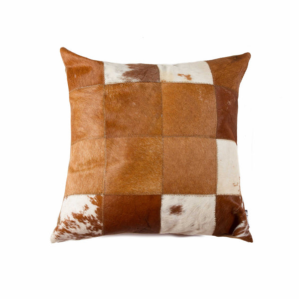 18" x 18" x 5" Brown And White Patchwork Cowhide  Pillow