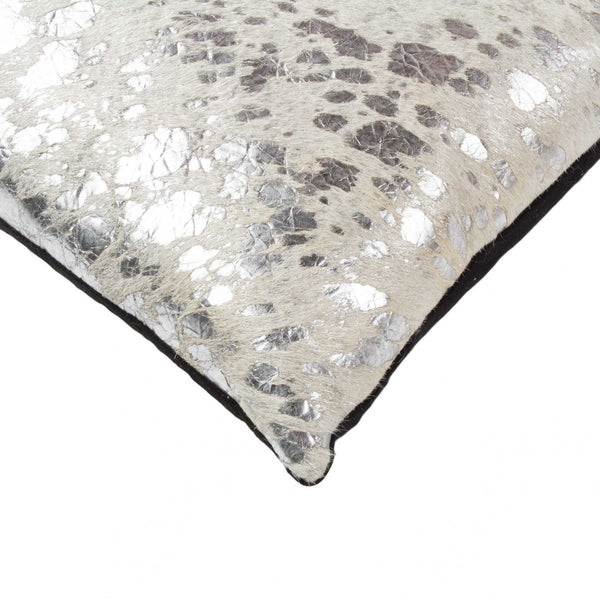 12" x 20" x 5" Silver And Natural Cowhide  Pillow