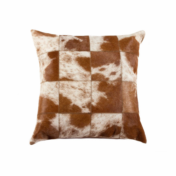 18" x 18" x 5" Salt And Pepper Brown And White Patchwork Cowhide  Pillow