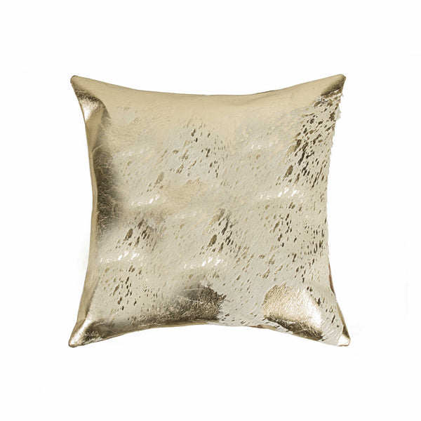 18" x 18" x 5" Gray And Gold Cowhide  Pillow