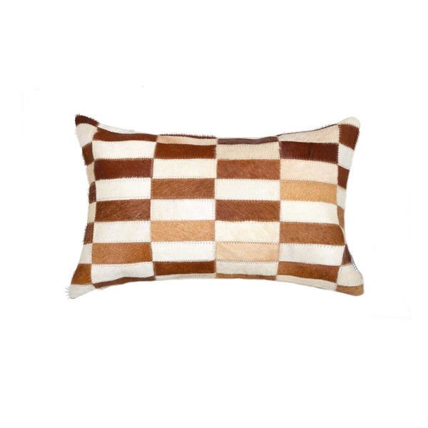 12" x 20" x 5" Brown And White Linear Cowhide  Pillow