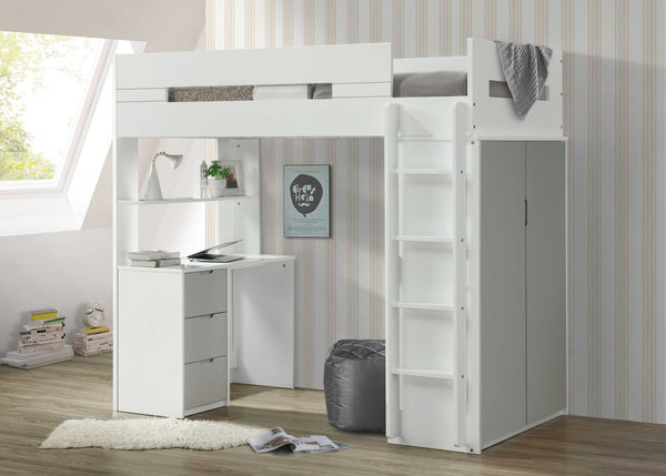 White And Gray Twin Loft Bed and Desk