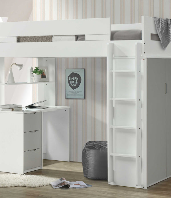 White And Gray Twin Loft Bed and Desk