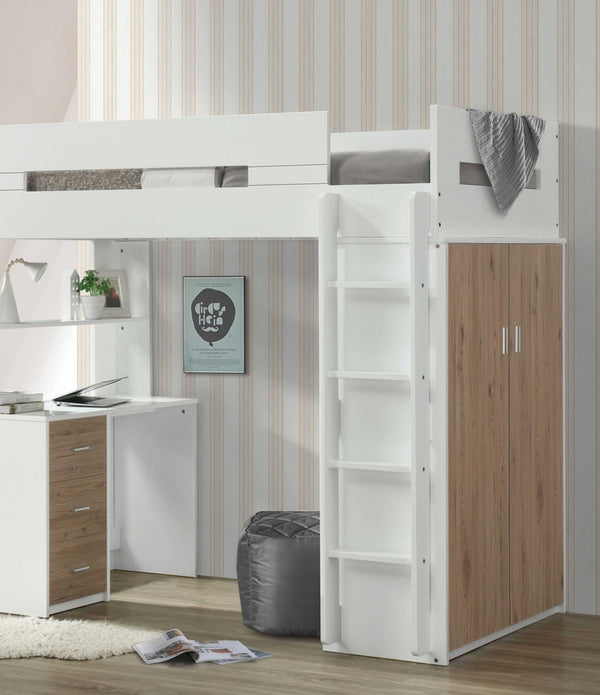 White and Natural Twin Loft Bed and Desk