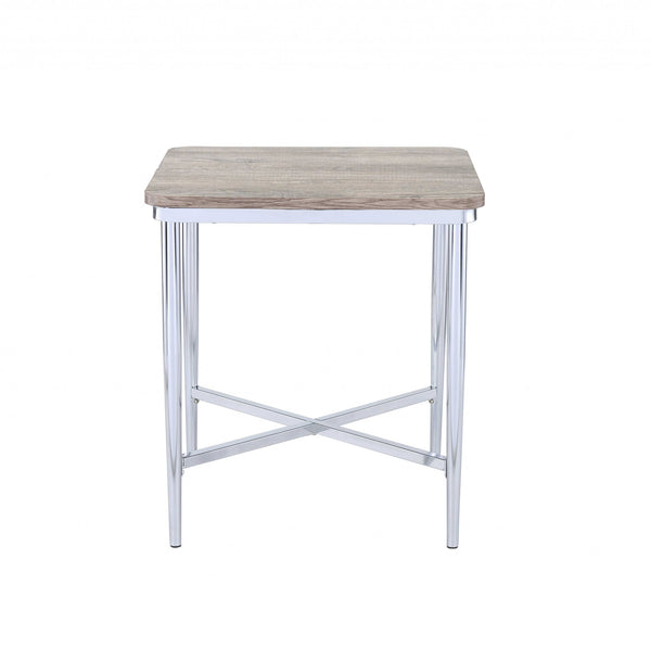 24' X 24' X 24' Gray Oak And Chrome Metal Tube End Table