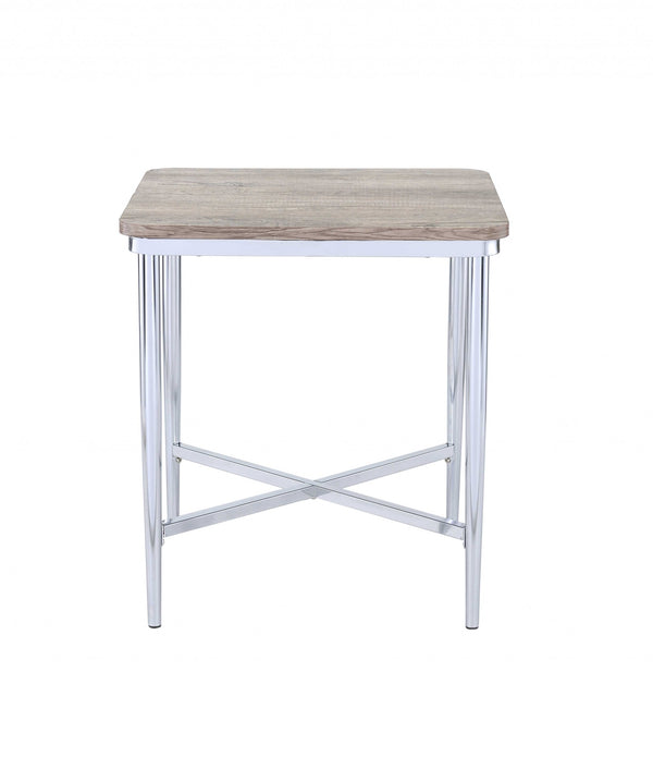 24' X 24' X 24' Gray Oak And Chrome Metal Tube End Table