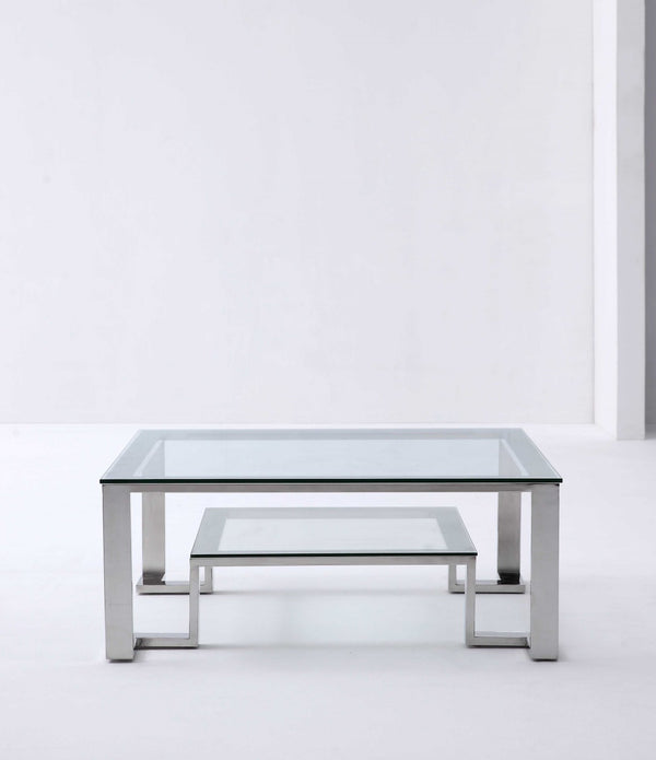 Square Clear Glass Coffee Table with Stainless Steel Base