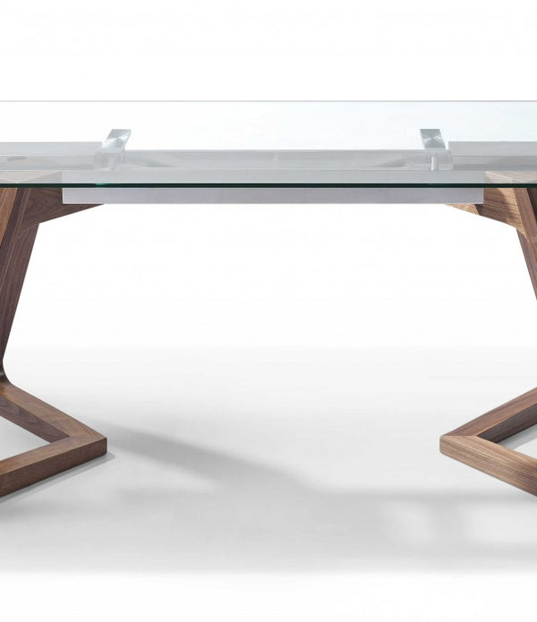 63 X 35 X 30 Walnut Glass Stainless Steel Extendable Dining Table