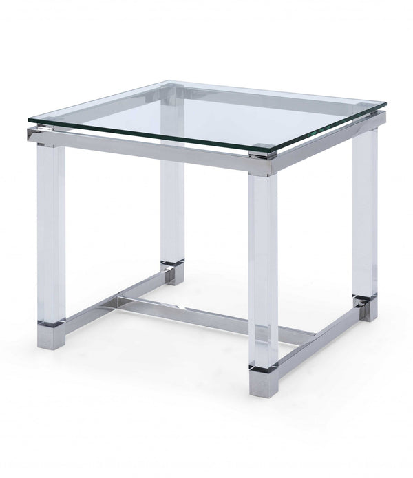 Side Table 10 mm Tempered Clear Glass Top Polished Stainless Steel Frame Acrylic Legs