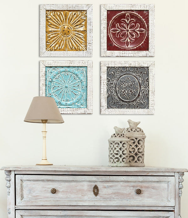 Set of 4 Distressed Medallion Metal and Wood Framed Wall Art