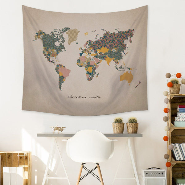 Adventure Awaits World Map Wall Hanging Tapestry