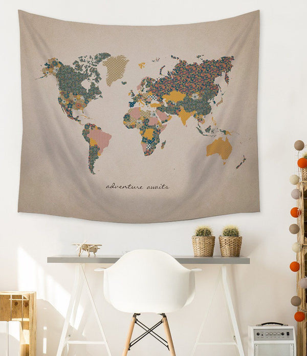 Adventure Awaits World Map Wall Hanging Tapestry