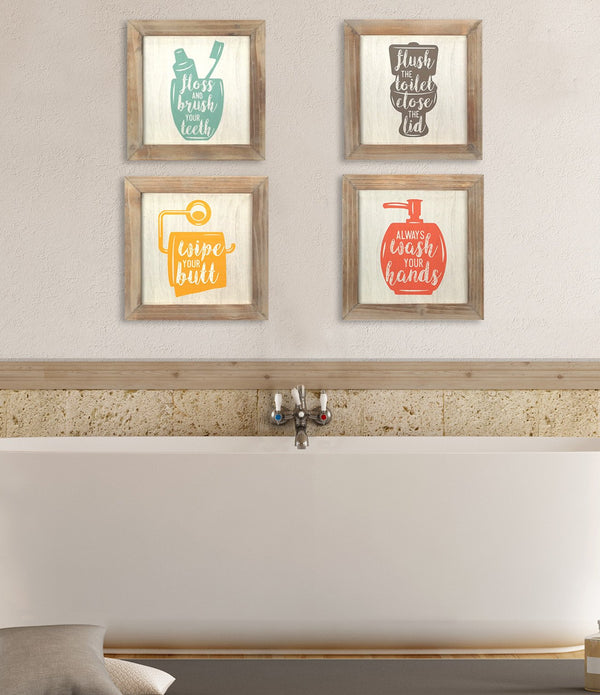 Floss  Flush  Wipe  Wash Metal and Wood Framed Wall Art