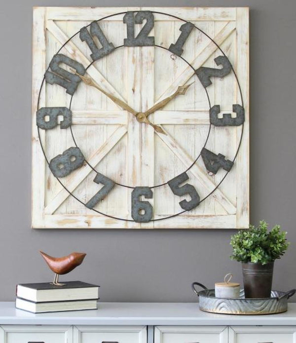 Square Distressed Wood and Metal Wall Clock with Vintage Touch