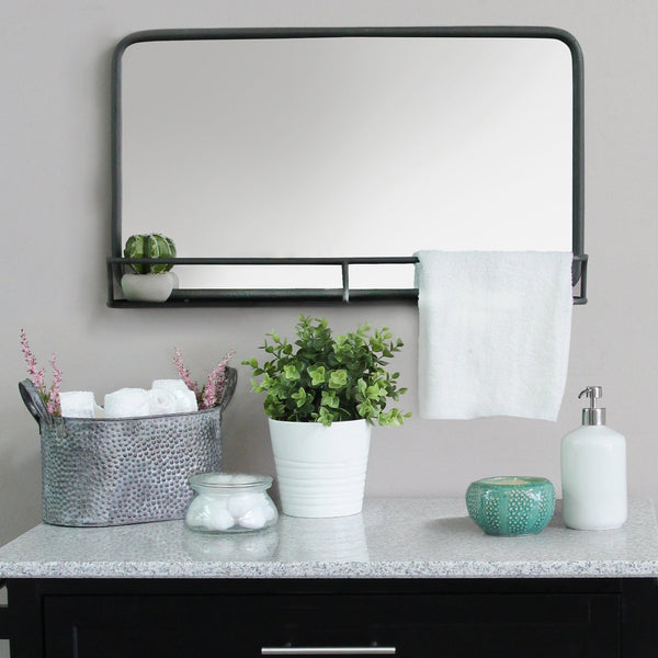 24 Chic Rectangular Gunmetal Framed Mirror with Shelf