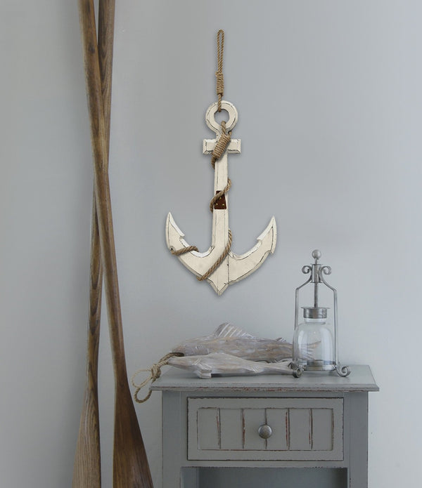 Distressed White Nautical Anchor Wood Wall Decor