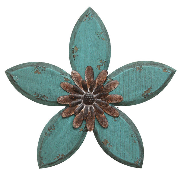 Distressed Teal and Red Antique Flower MetalWall Decor