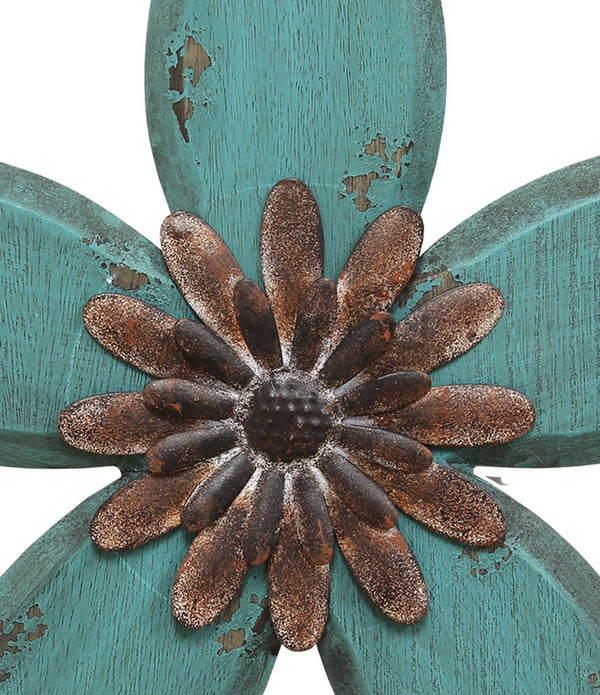 Distressed Teal and Red Antique Flower MetalWall Decor