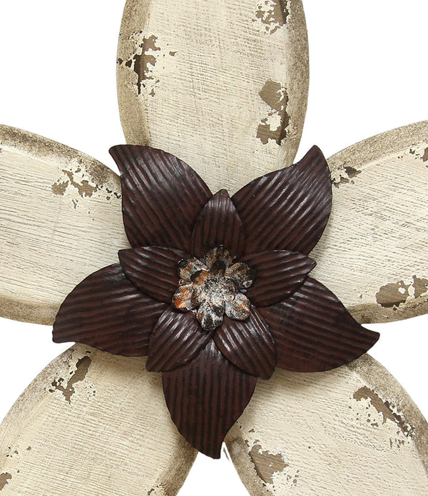 Antiqued Look Ivory and Espresso Metal Flower Wall Decor