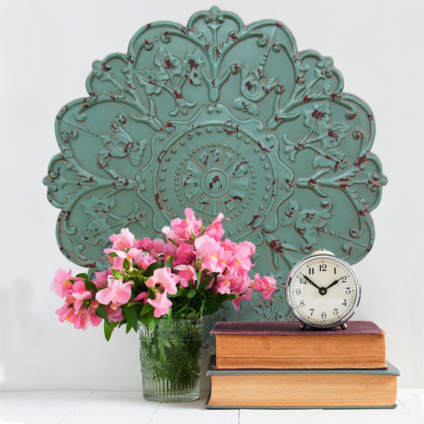 Distressed Floral and Turquoise Medallion Metal Wall Decor