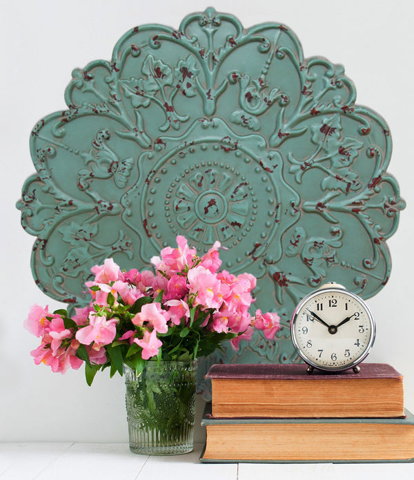 Distressed Floral and Turquoise Medallion Metal Wall Decor