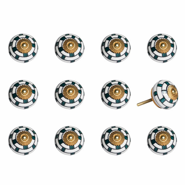 1.5" x 1.5" x 1.5" White Teal and Gold  Knobs 12 Pack