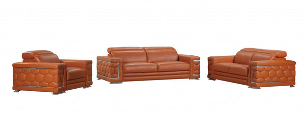 114" Sturdy Camel Leather Sofa Set