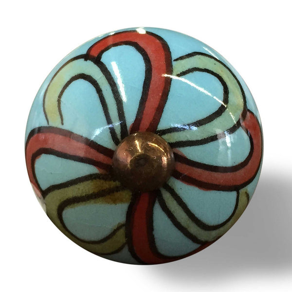 Bohemian Floral Turquoise Handprinted Set of 8 Ceramic Knobs